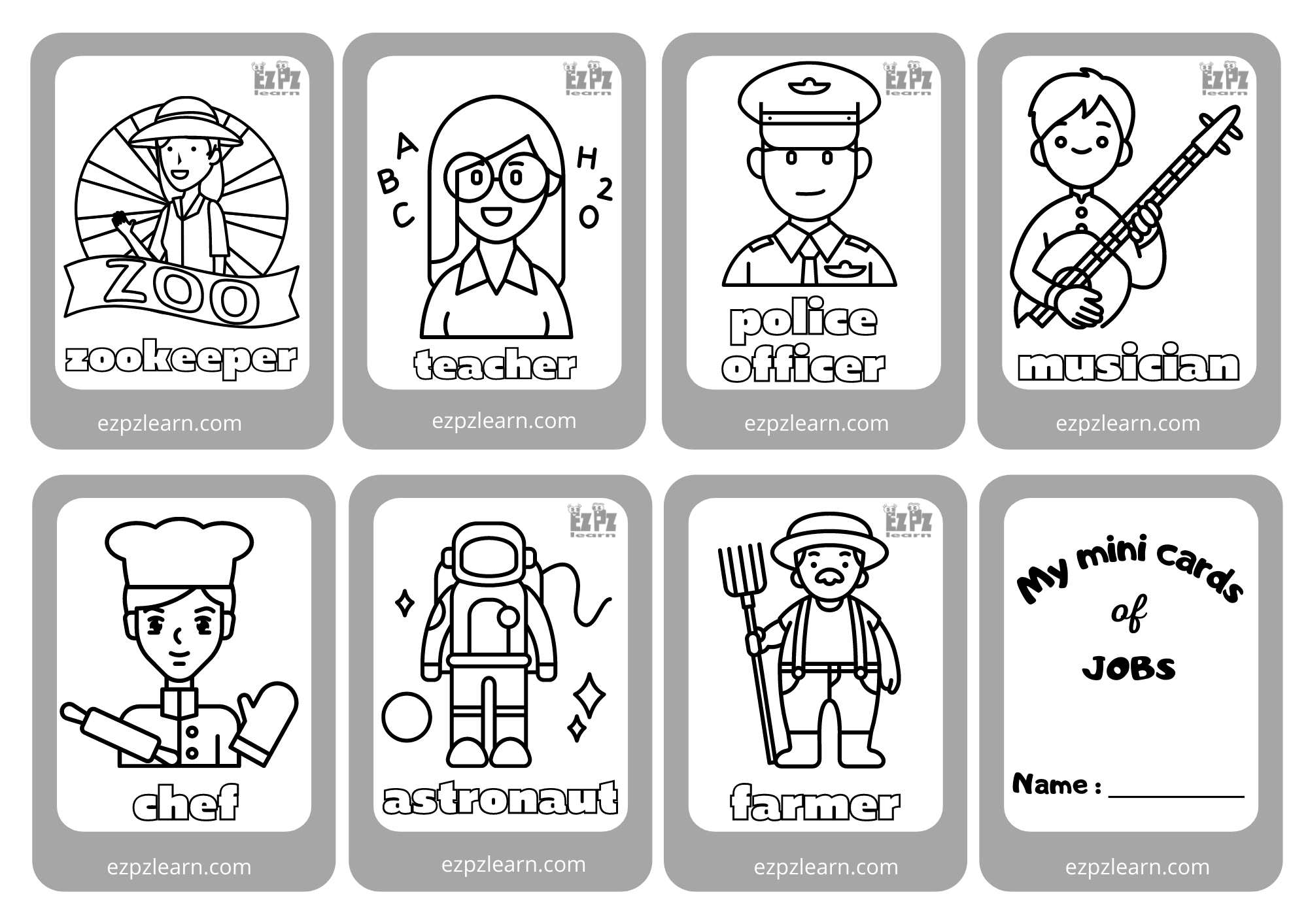 Jobs Mini Coloring Cards - Ezpzlearn.com