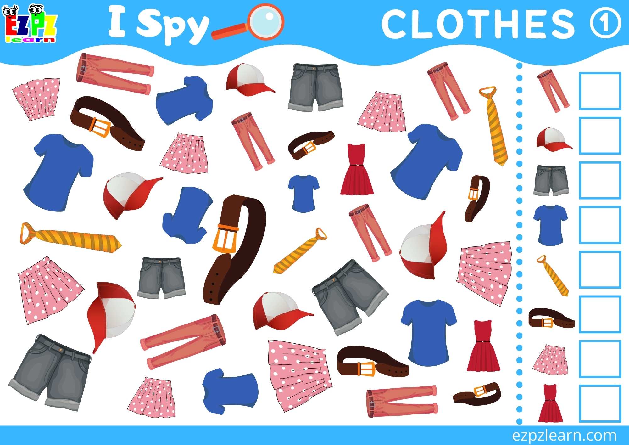 Clothes Topic I Spy Game for kids Free PDF Download - Ezpzlearn.com