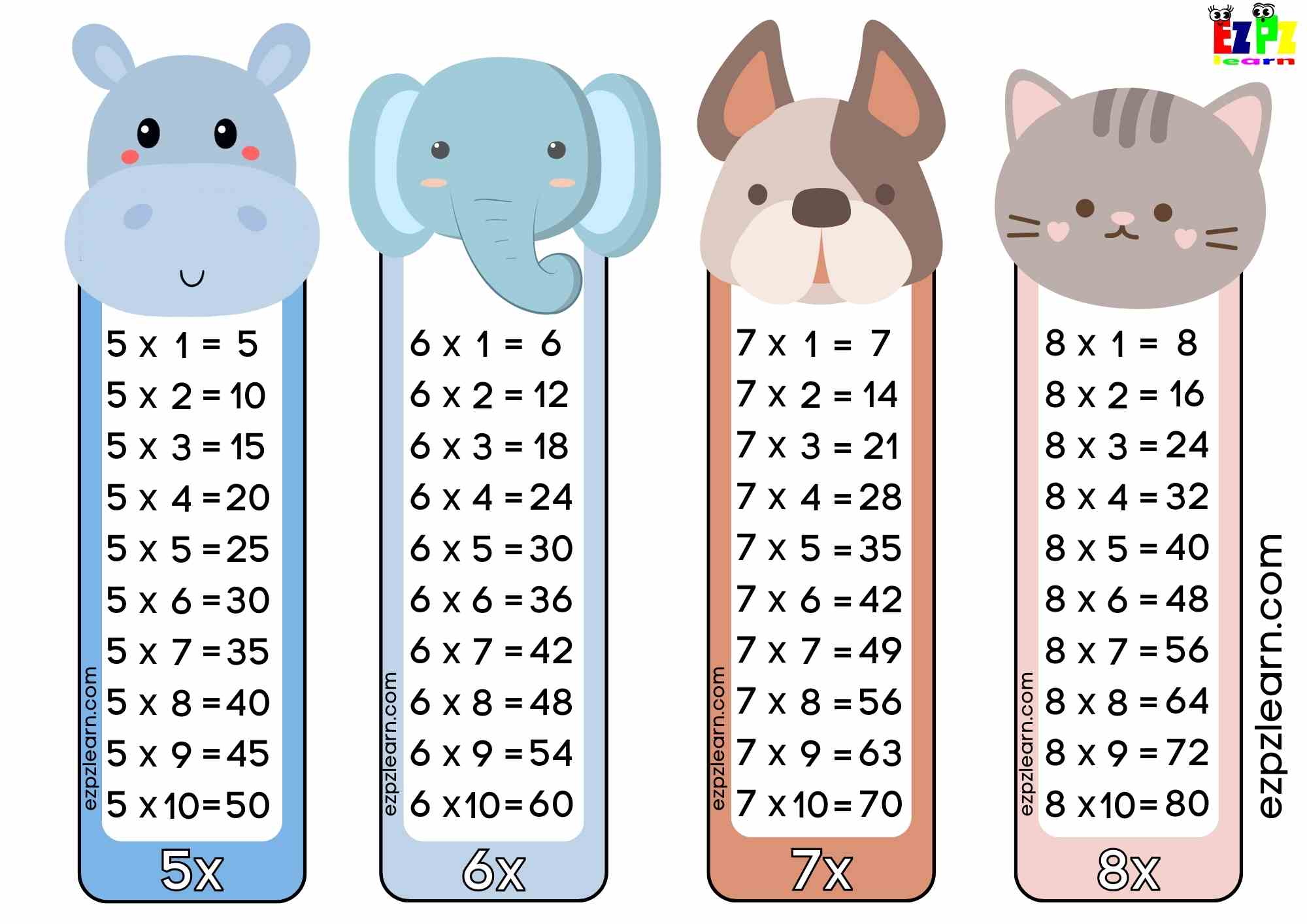 Fun Multiplication Times Table with Cute Animals For Kid's Math 5x, 6x ...