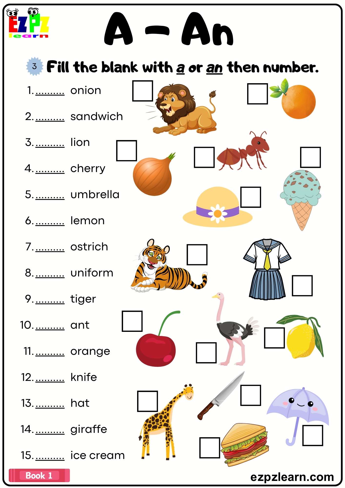 Articles A/ An Fill in the Blanks Grammar Worksheet Book 1 - Ezpzlearn.com