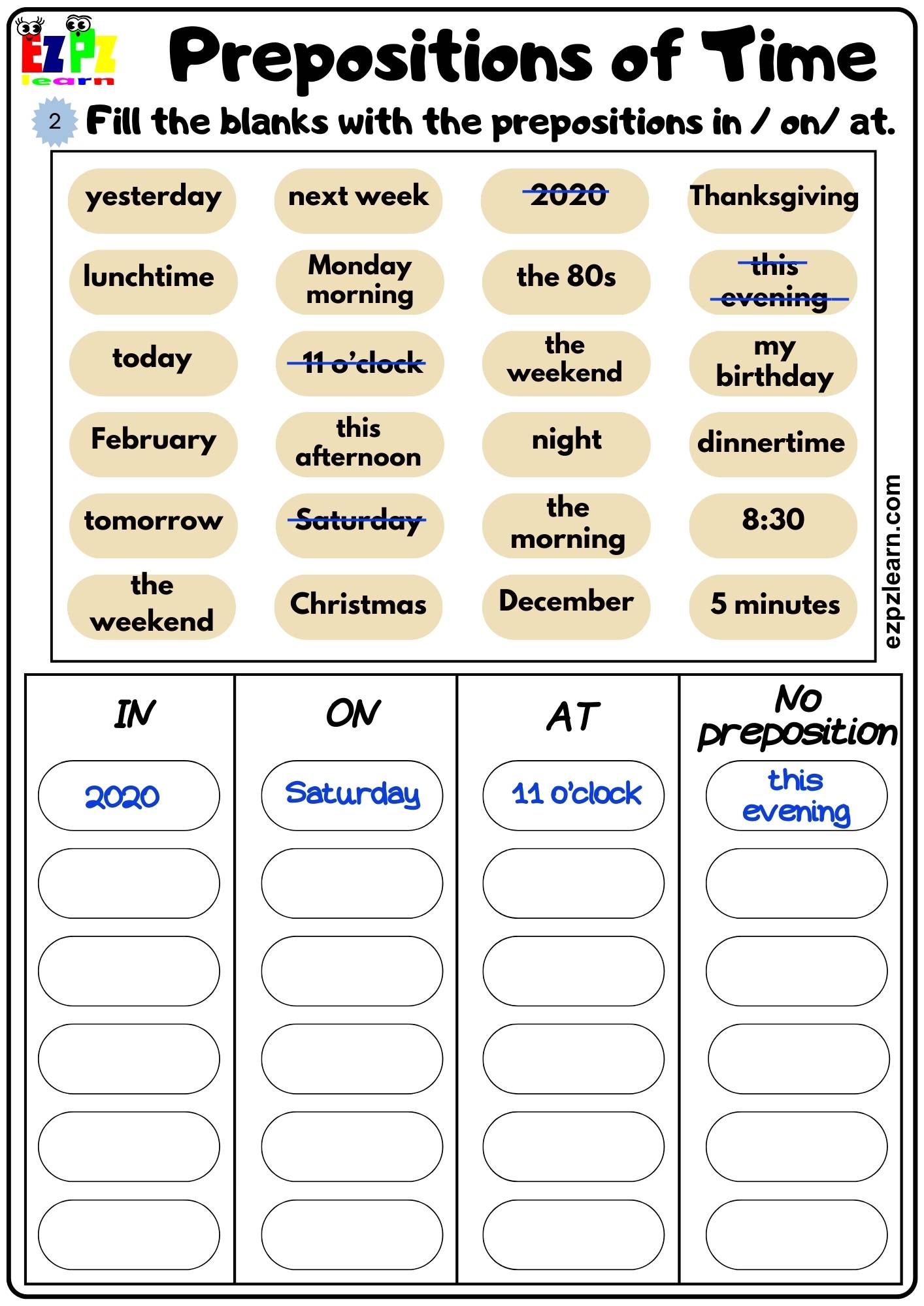 Prepositions of Time - Ezpzlearn.com