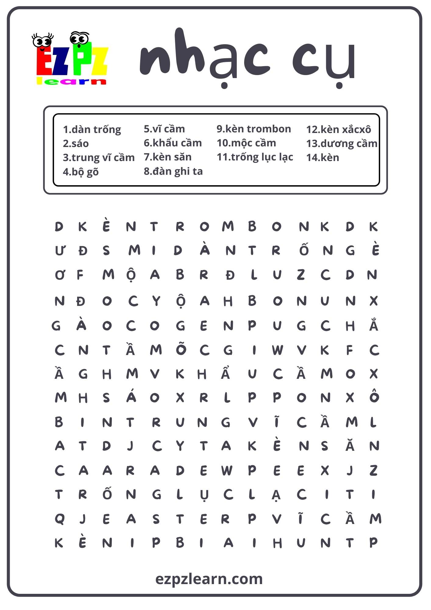 Musical Instruments Word Search - Ezpzlearn.com