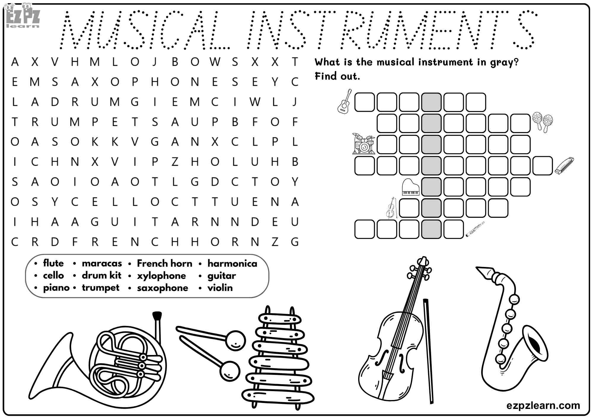 Musical Instruments Vocabulary For Kids. Includes: Word Search ...