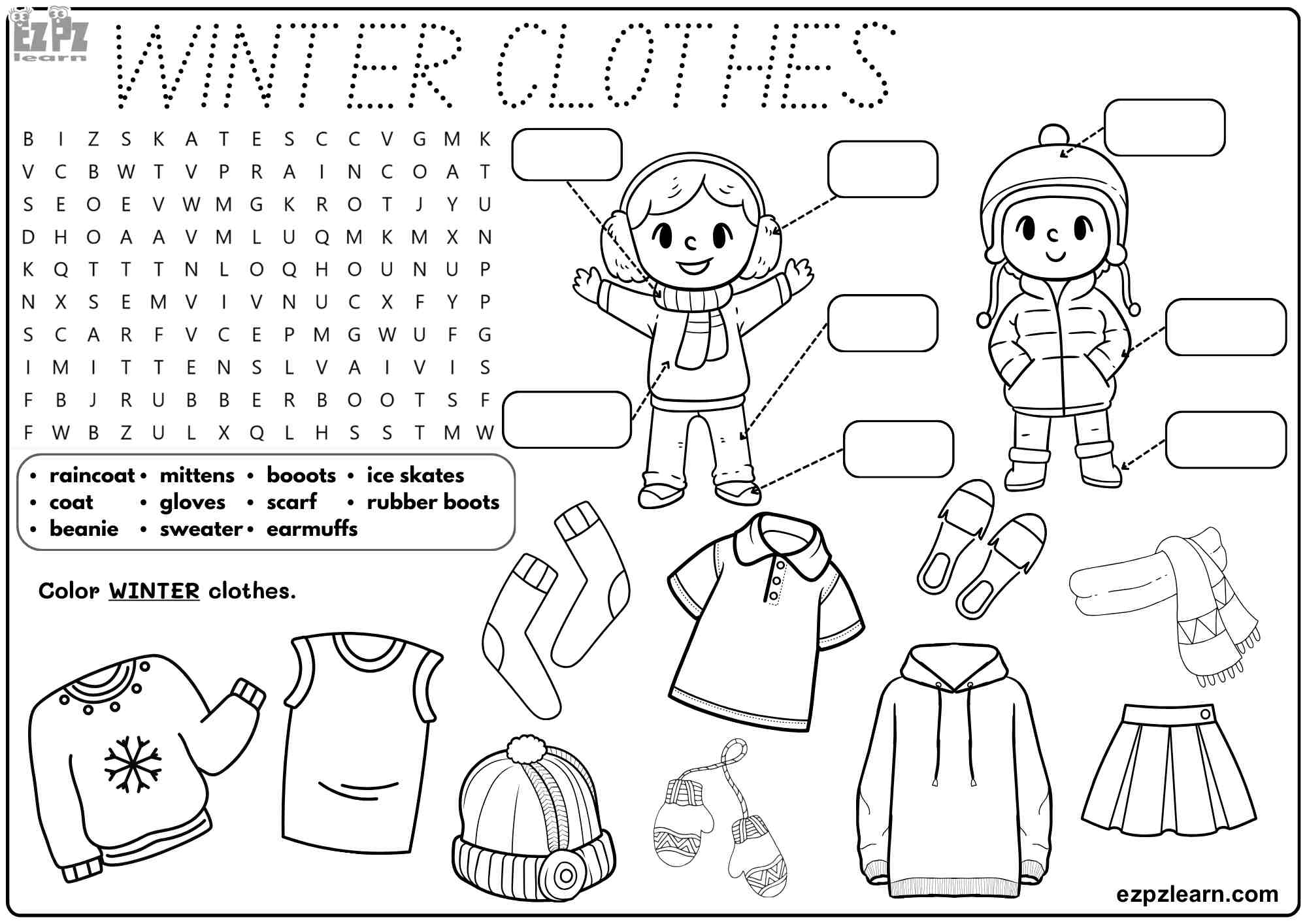 Winter Clothes Vocabulary For Kids. Includes: Word Search, Writing, and ...