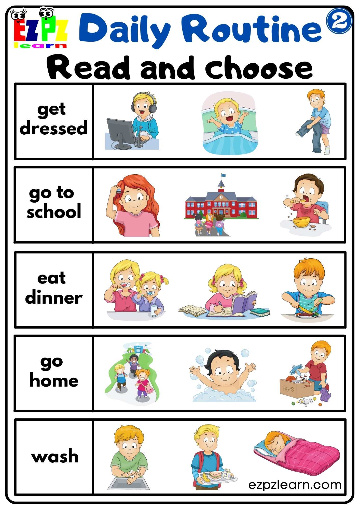 Daily Routines Group 2 Read and Choose Worksheet For Children and ESL ...