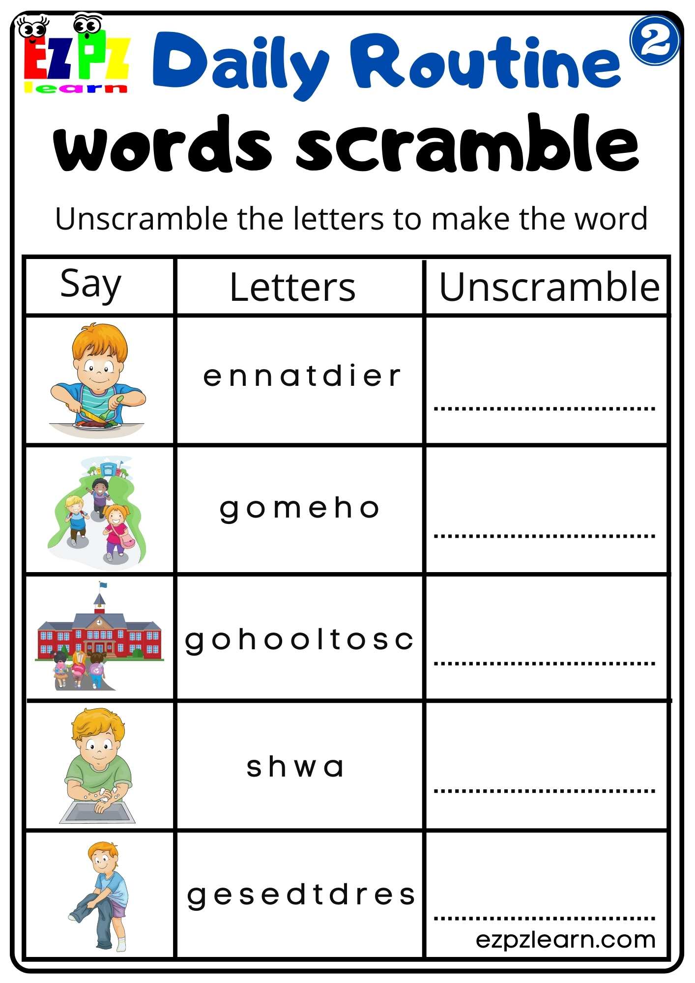 Daily Routines Group 2 Read Word Scramble Worksheet For Children and ...