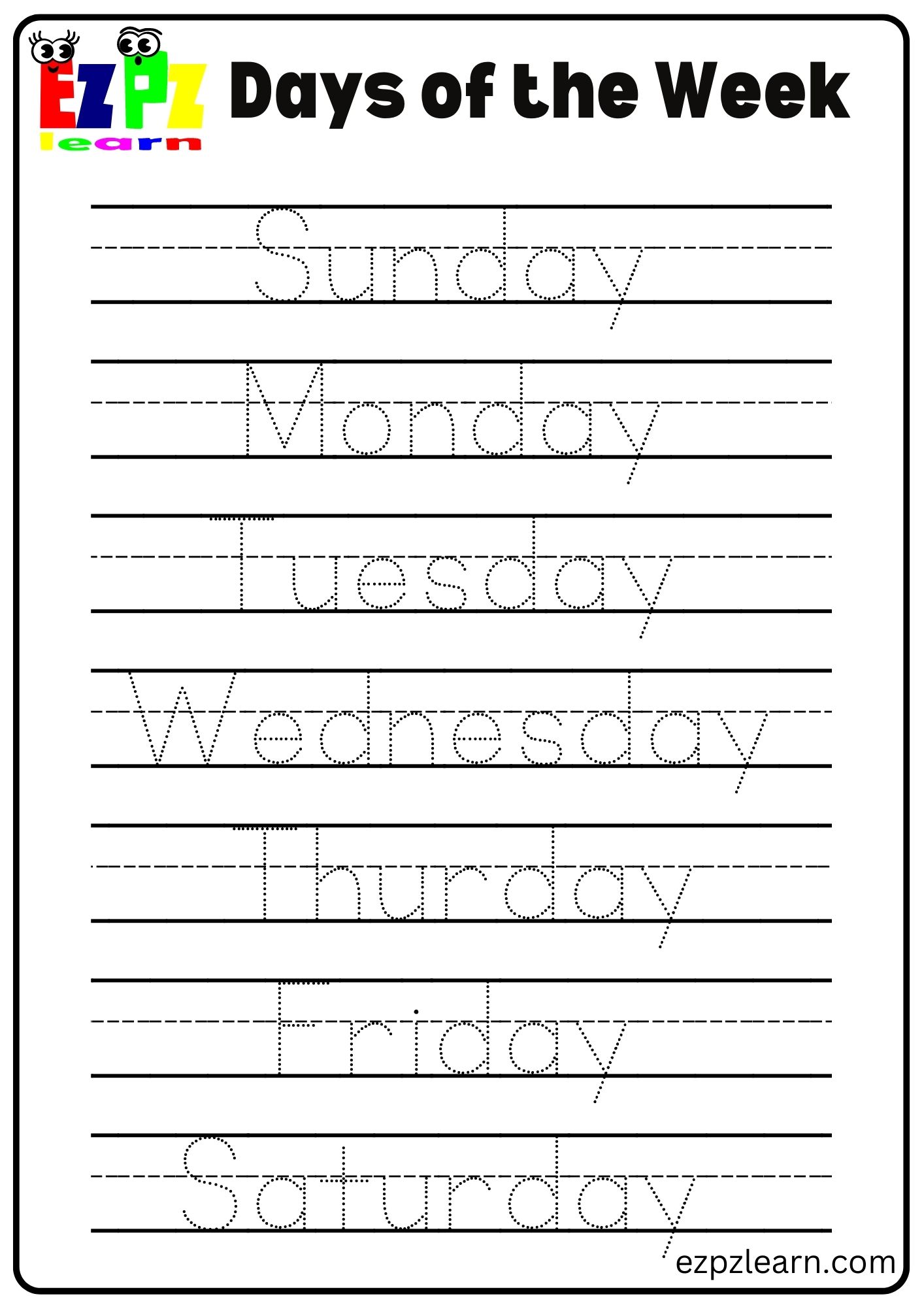 Tracing Page Days of the Week - Ezpzlearn.com