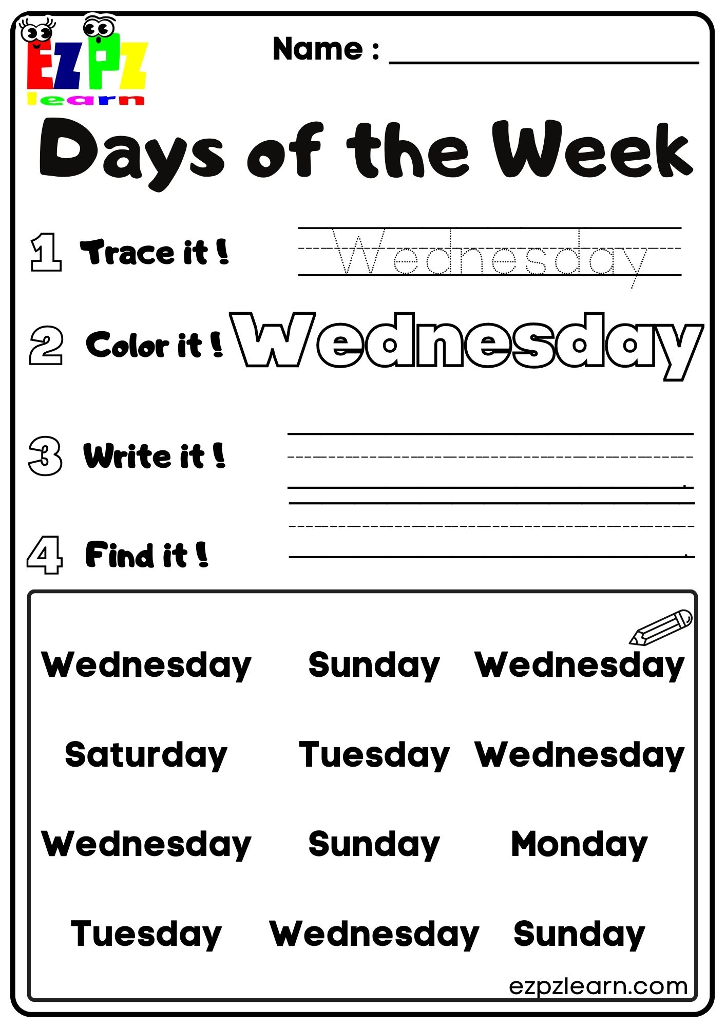 Wednesday Days of the Week Kids Activity - Ezpzlearn.com