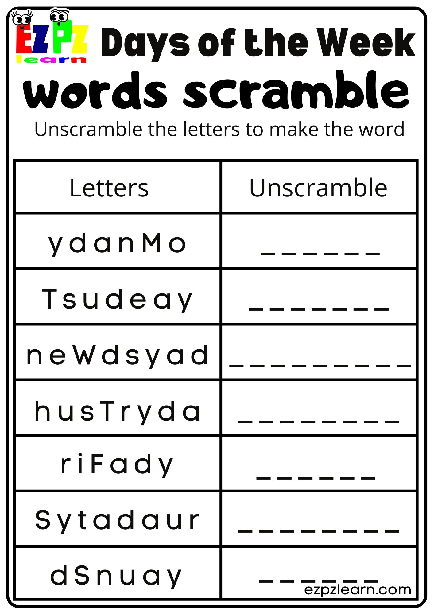 Worksheets Days Of The Week