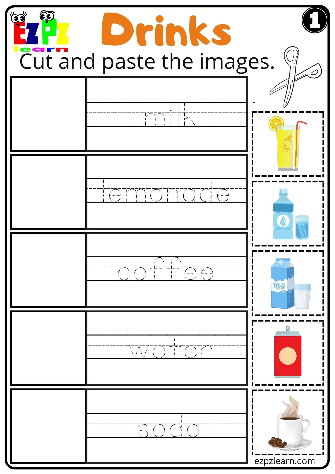 Drinks Cut and Paste Worksheet for K5 Kids and ESL Set 1 Free PDF ...