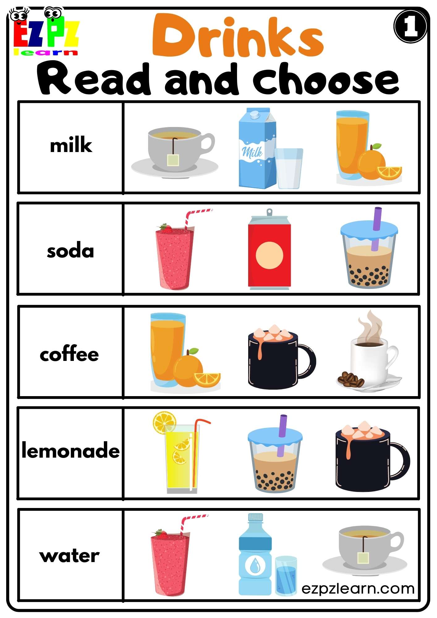 Drinks Read and Choose Worksheet for K5 Kids and ESL Set 1 Free PDF Drinks Read and Choose Worksheet for K5 Kids and ESL Set 1 Free PDF