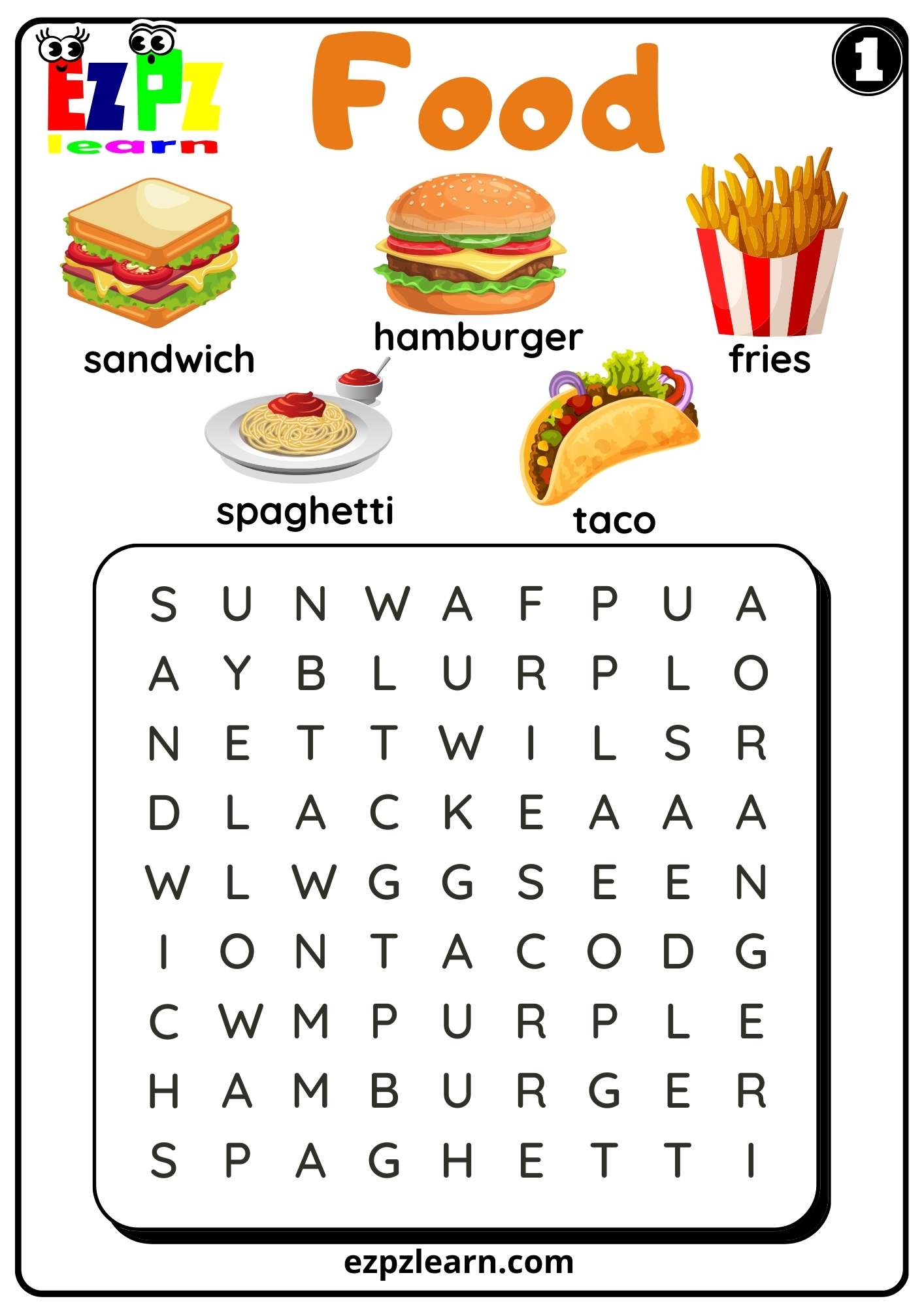 Food Word Search Worksheet for ESL and Kindergarten K5 Set 1 Free PDF ...