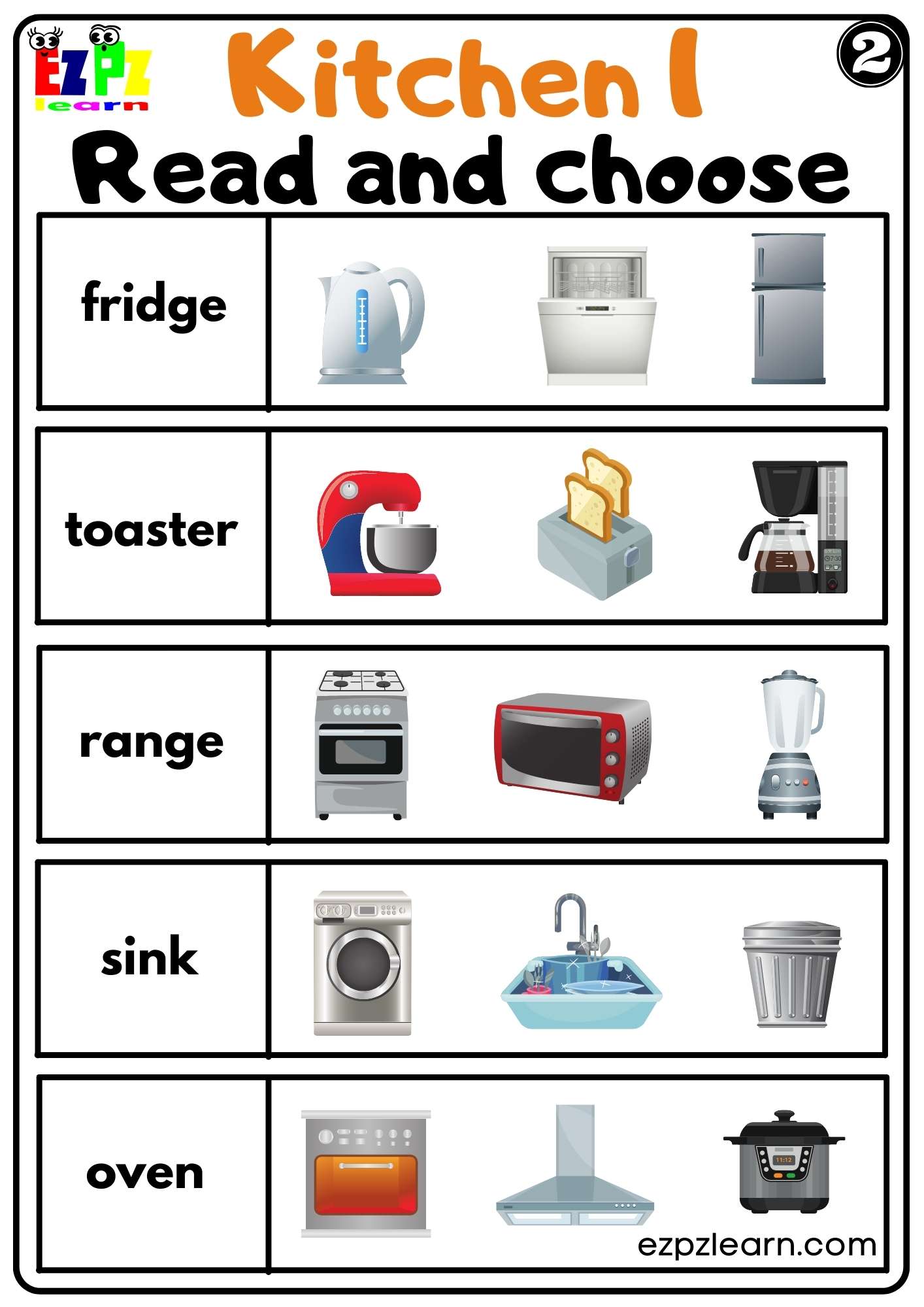 Kitchen Appliances Read and Choose Worksheet for Homeschool and ESL PDF ...