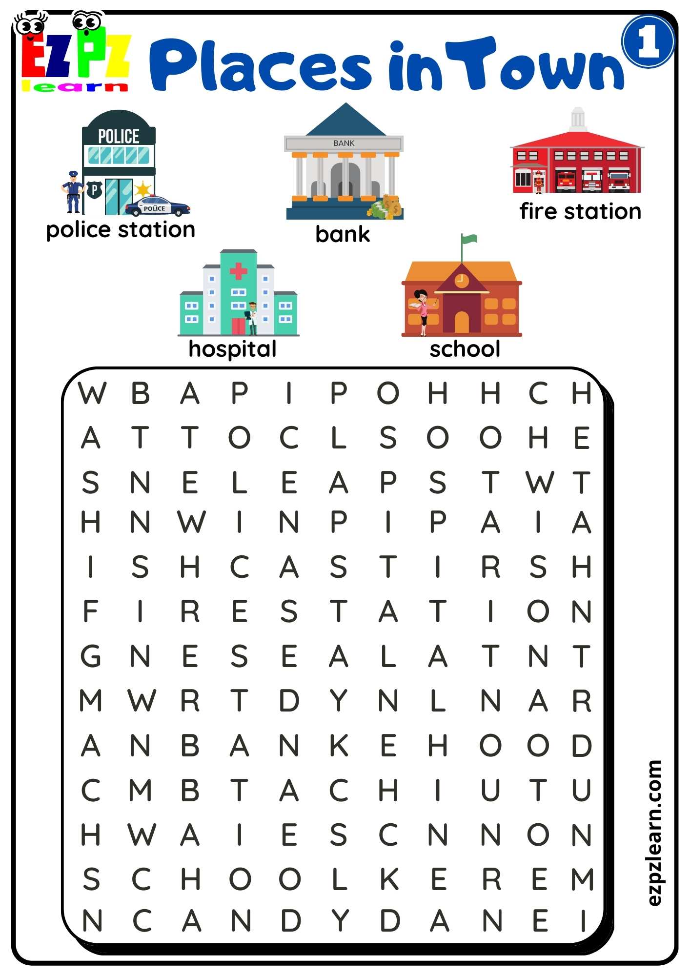 Places in Town Easy Word Search Worksheet Free Download Group 1 ...