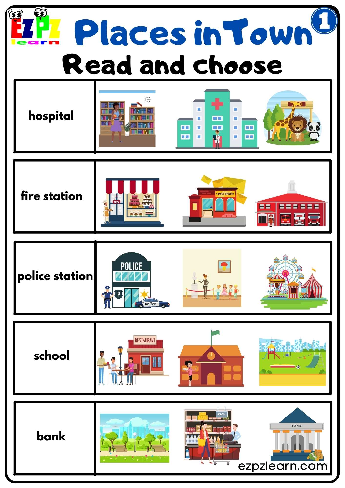 Places in Town Easy Read and Choose Worksheet Free Download Group 1 ...