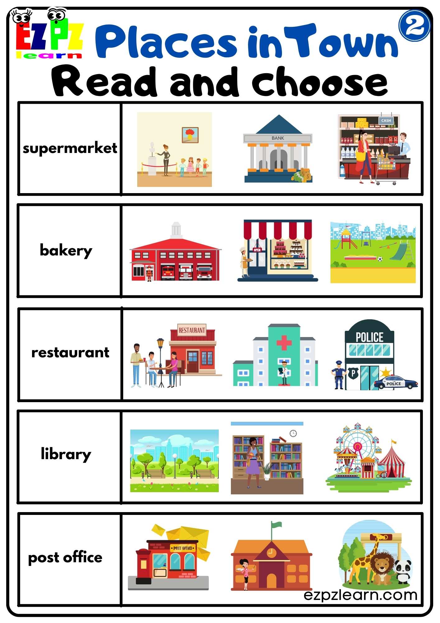 Places in Town Vocabulary Read and Choose Worksheet Free Download for ...