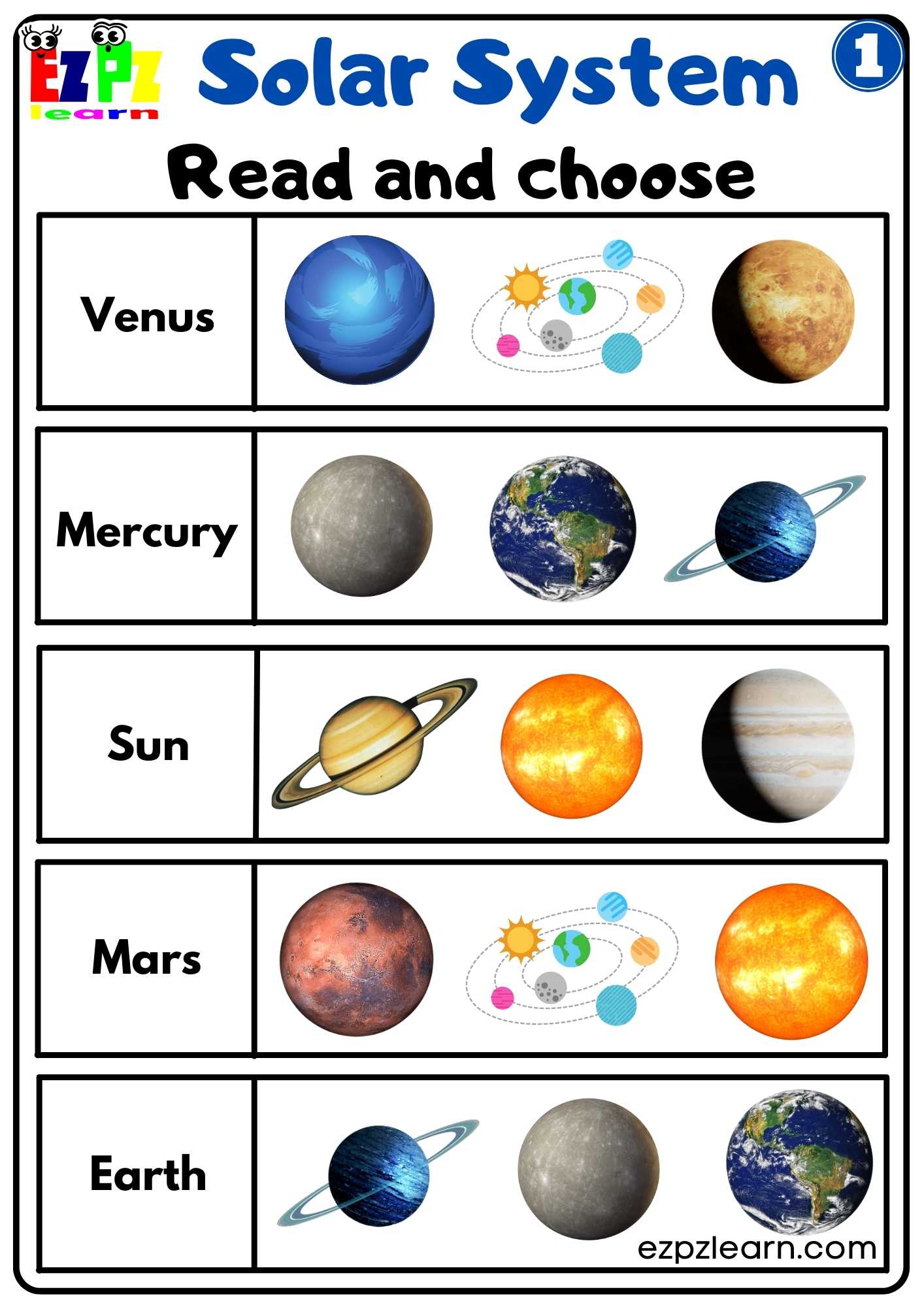 Solar System Read and Choose Worksheet 1 For Kids - Ezpzlearn.com