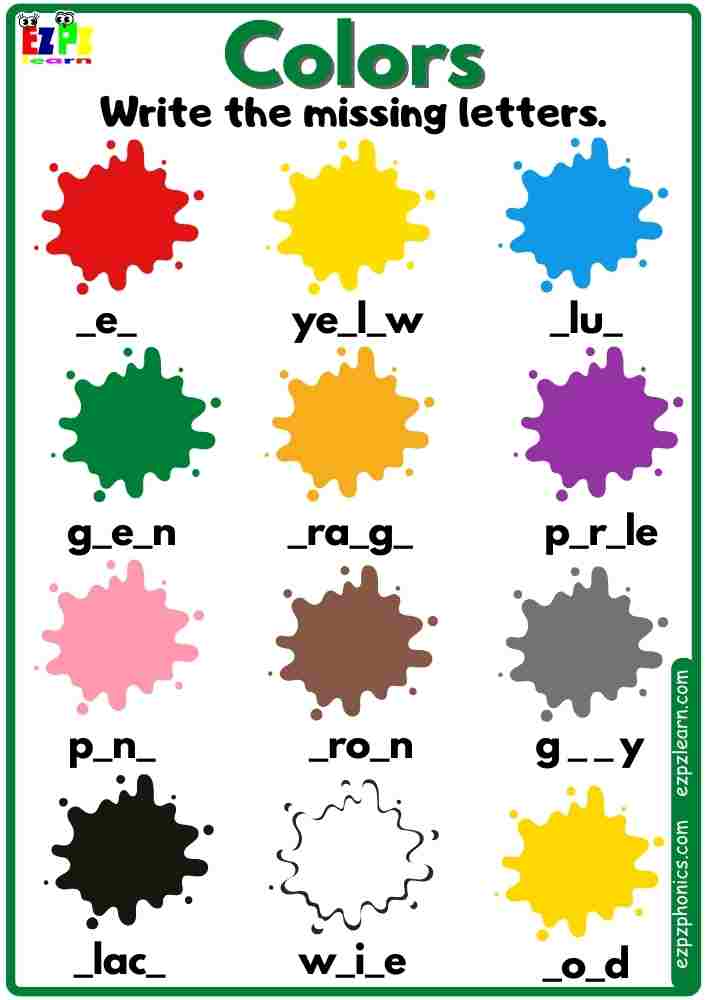 Colors Vocabulary Write the Missing Letters Worksheet - Ezpzlearn.com