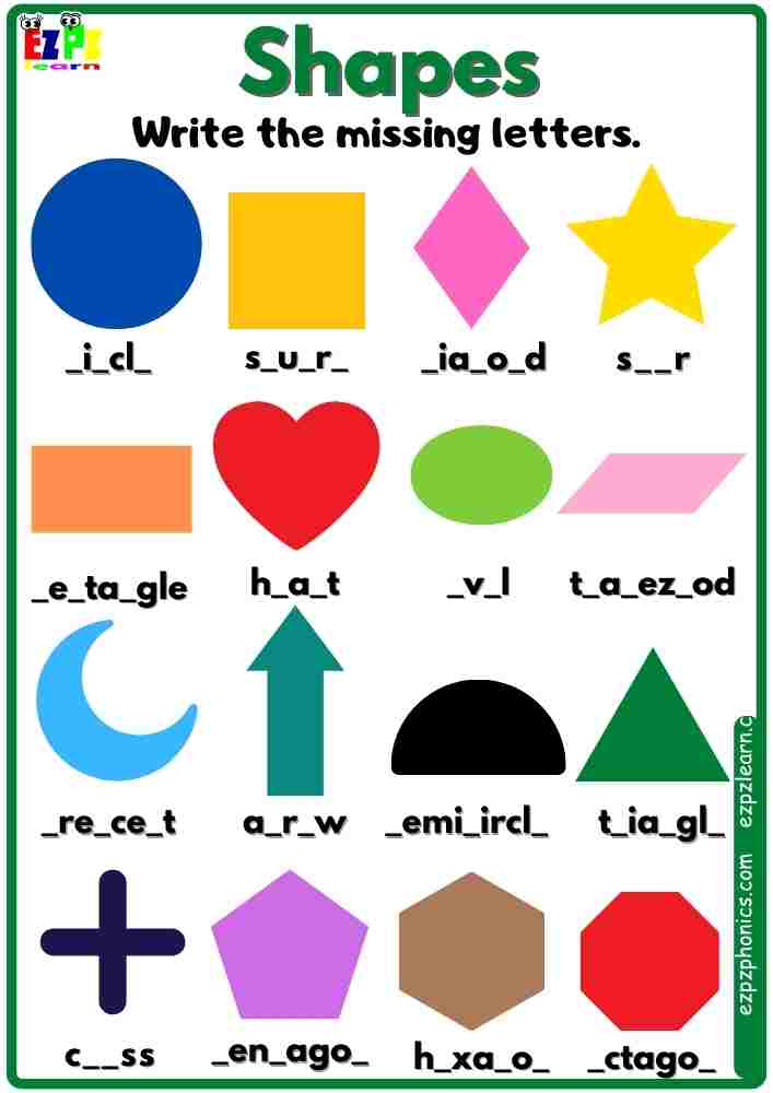 Shapes Vocabulary Write the Missing Letters Worksheet - Ezpzlearn.com