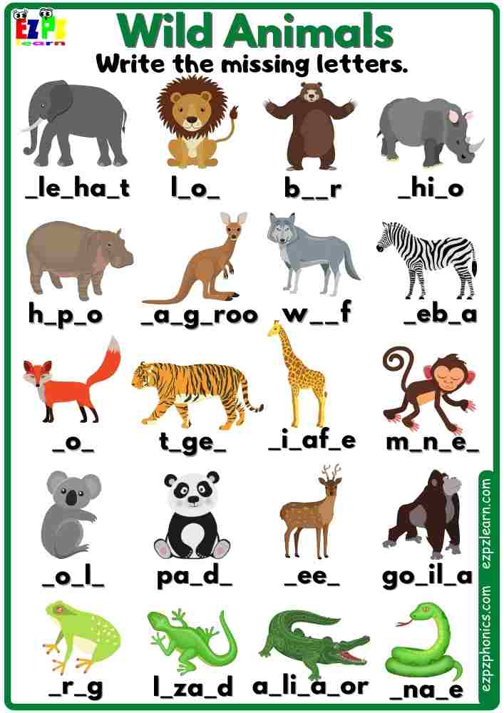 Wild Animals Vocabulary Write the Missing Letters Activity for Kids and ...