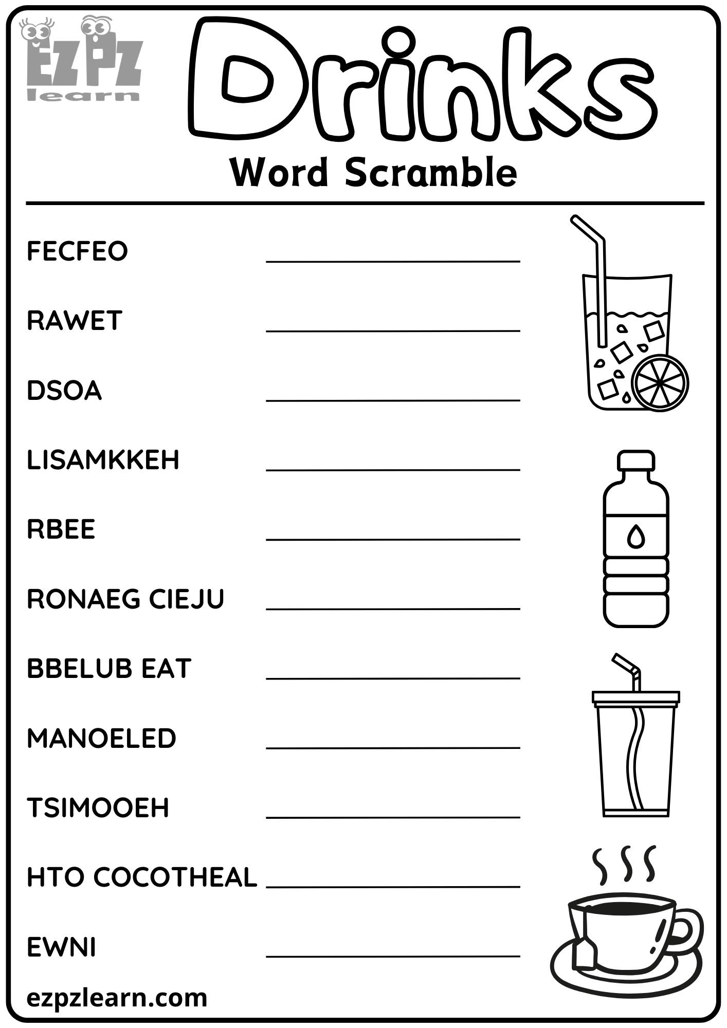 Drinks Word Scramble 11 Vocabulary Words Free Download PDF File ...