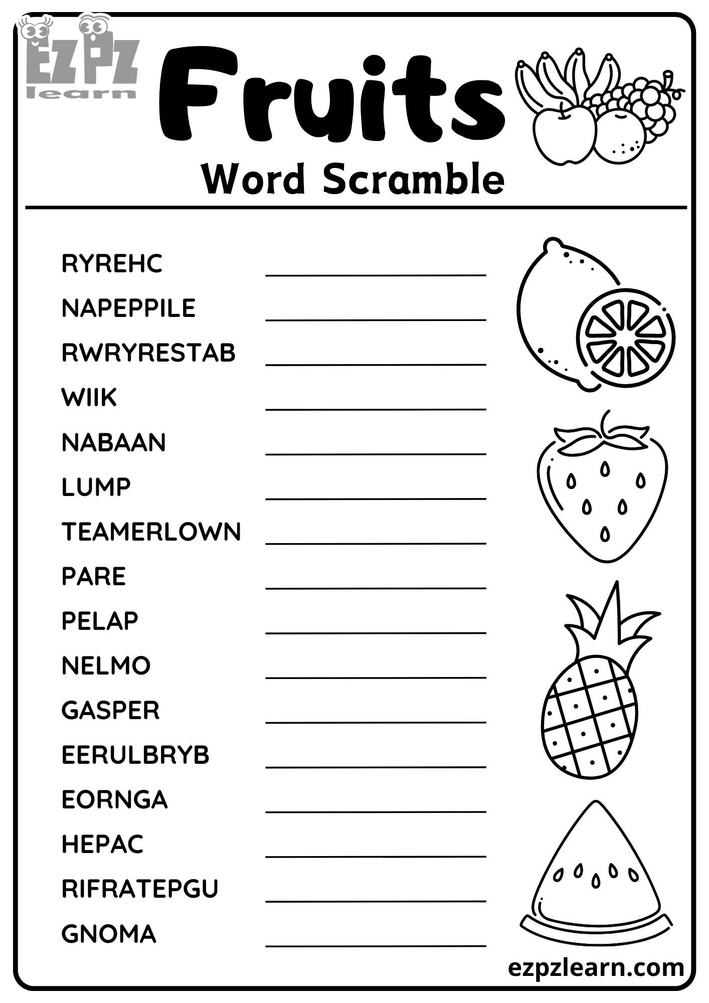 Fruits Word Scramble Activity for Kids 16 Words Free Printable PDF ...