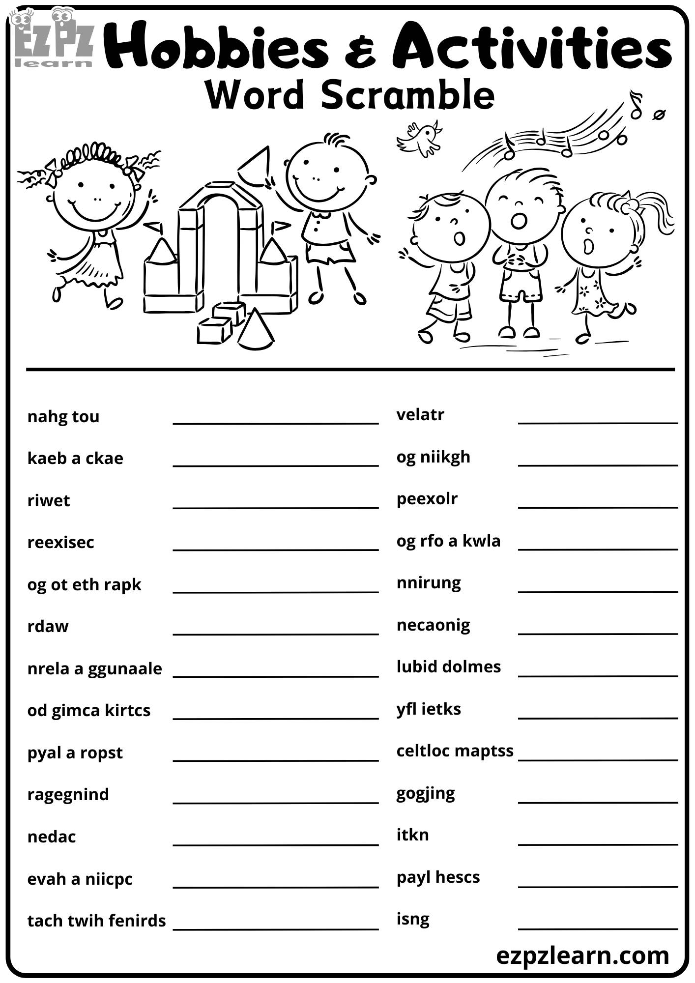 Hobbies and Free Time Activities Word Scramble Activity for Kids 26 ...