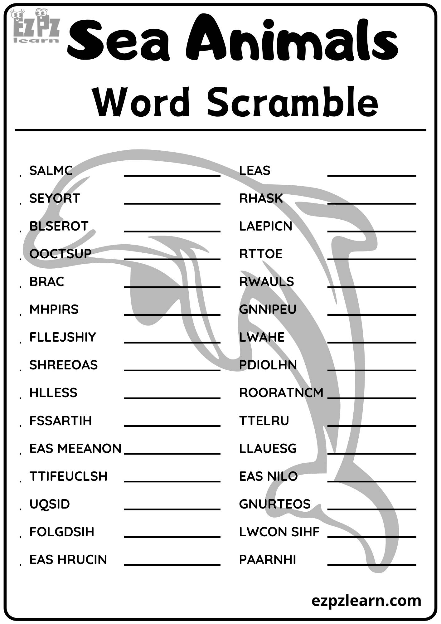 Sea Animals and Creatures Word Scramble 30 Words Vocabulary Activity ...