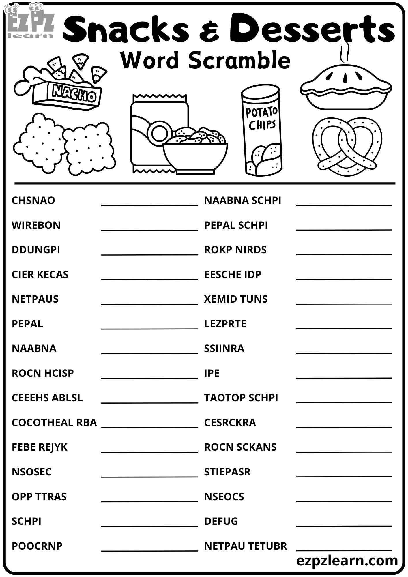 Snacks and Desserts Word Scramble 30 Words Vocabulary Activity for Kids ...