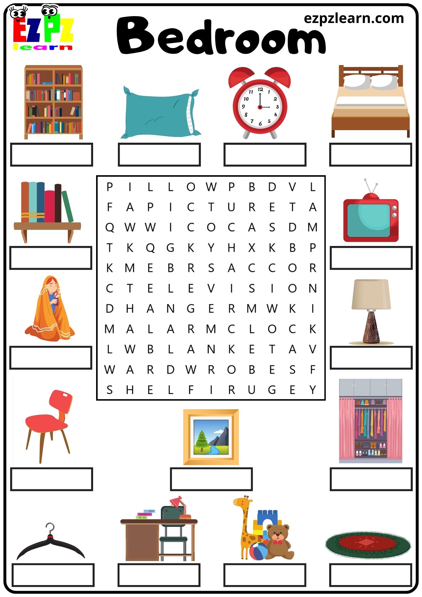 Bedroom Vocabulary Word Search and Write the Words Kids Activity ...