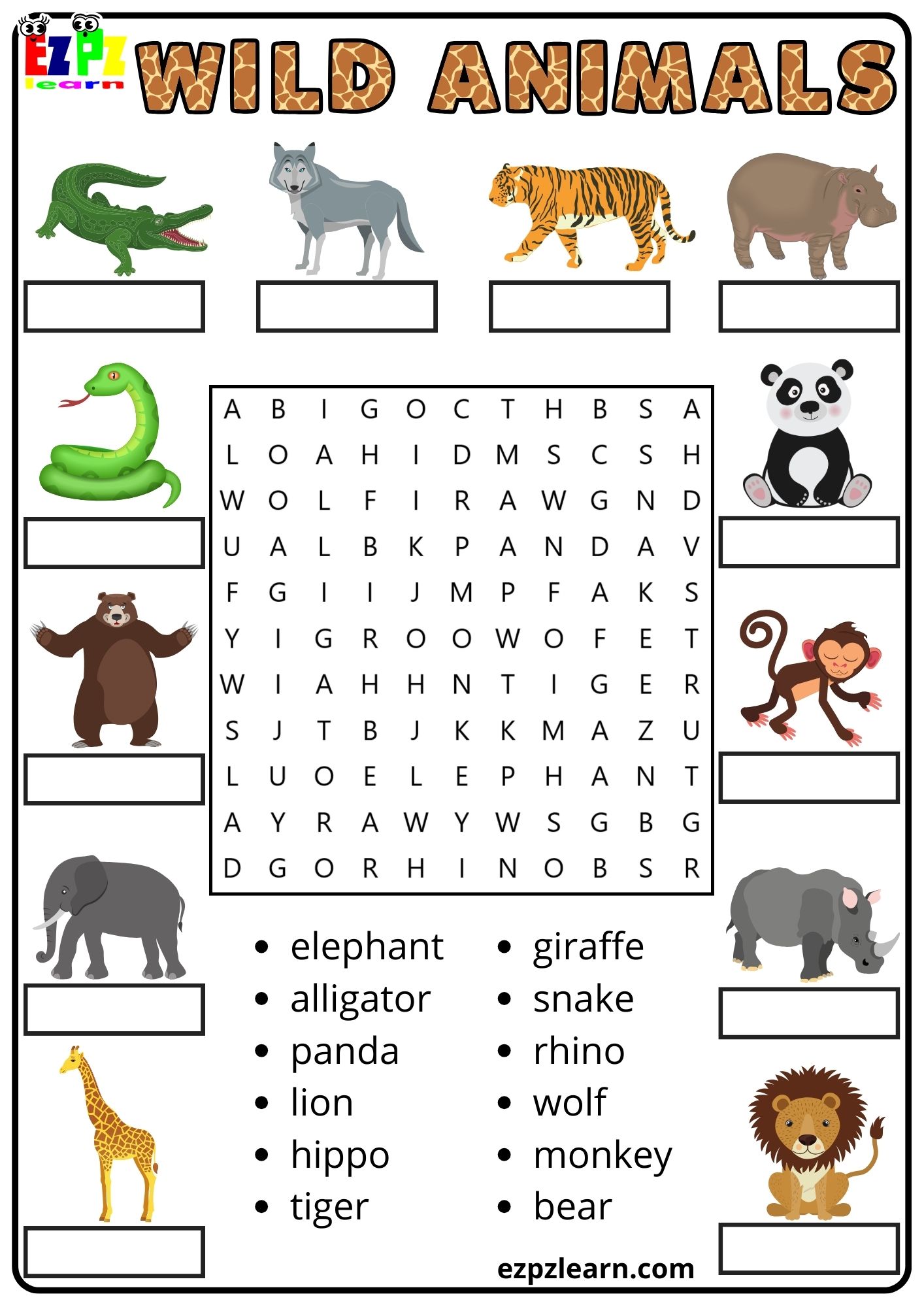 Wild Animals Vocabulary Part 2 Word Search and Match the Words Activity ...