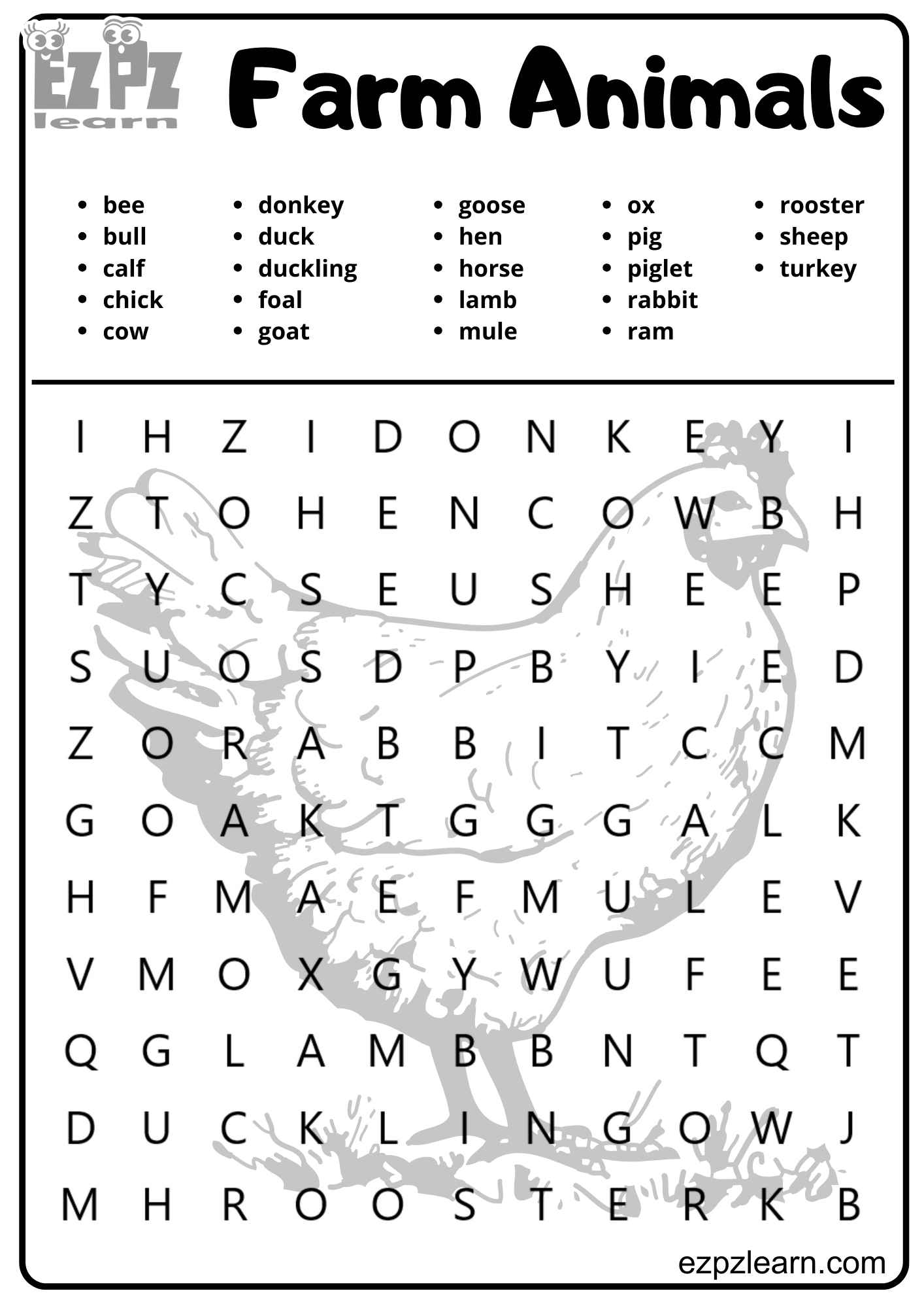 Farm Animals Vocabulary Word Search 23 Words For Kids and English ...