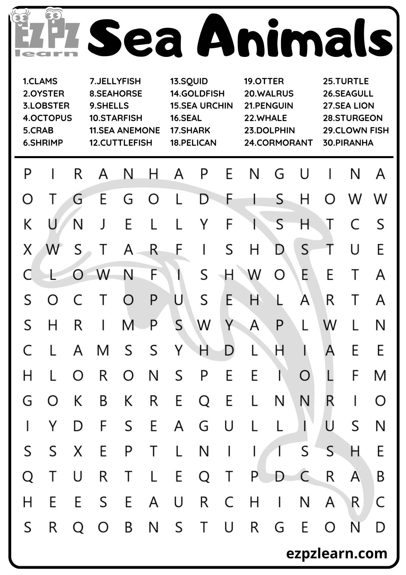 Sea Animals Sea Creatures Vocabulary Word Search for Kids and English ...