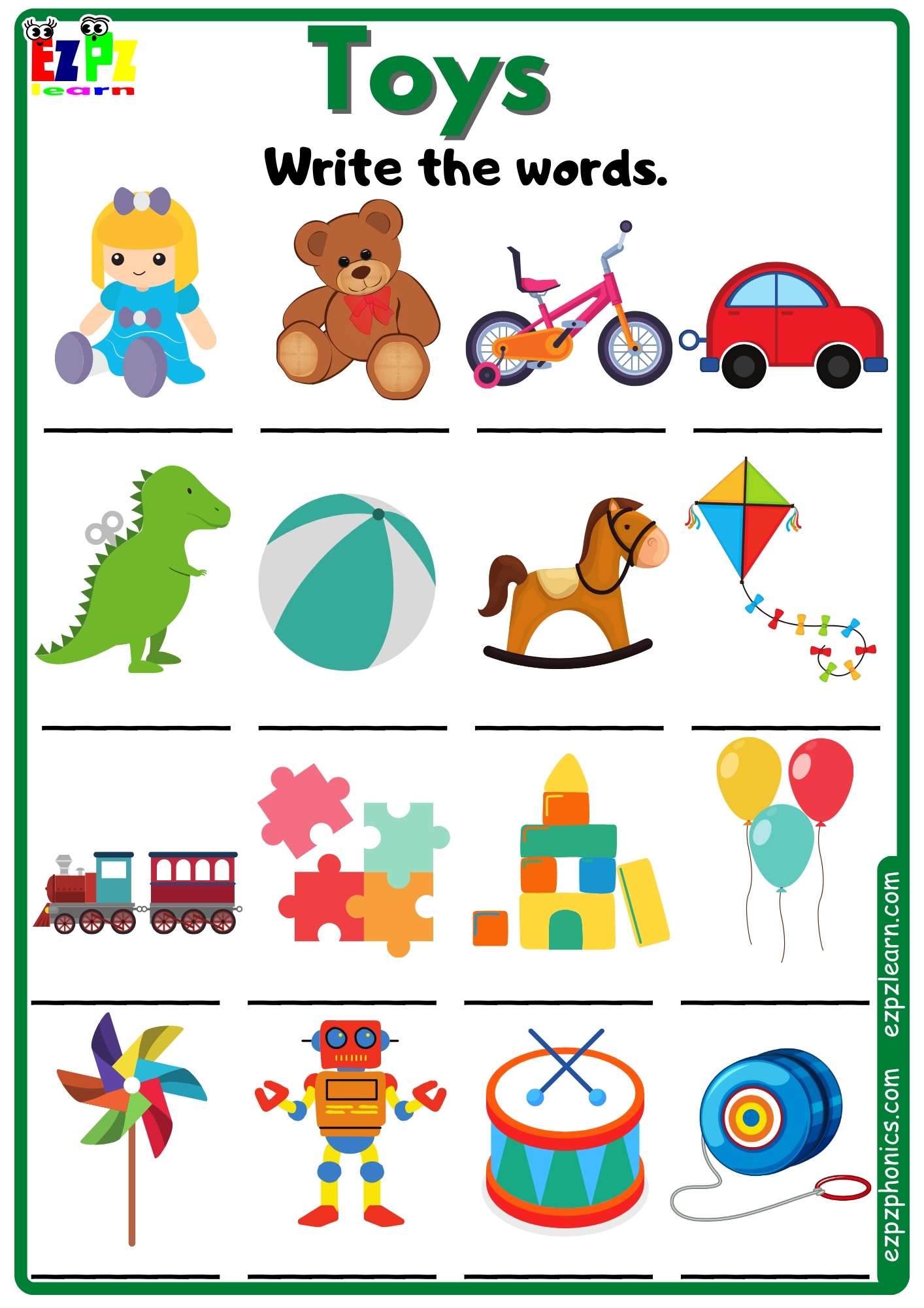 Toys Vocabulary Write the Words Free PDF Download - Ezpzlearn.com