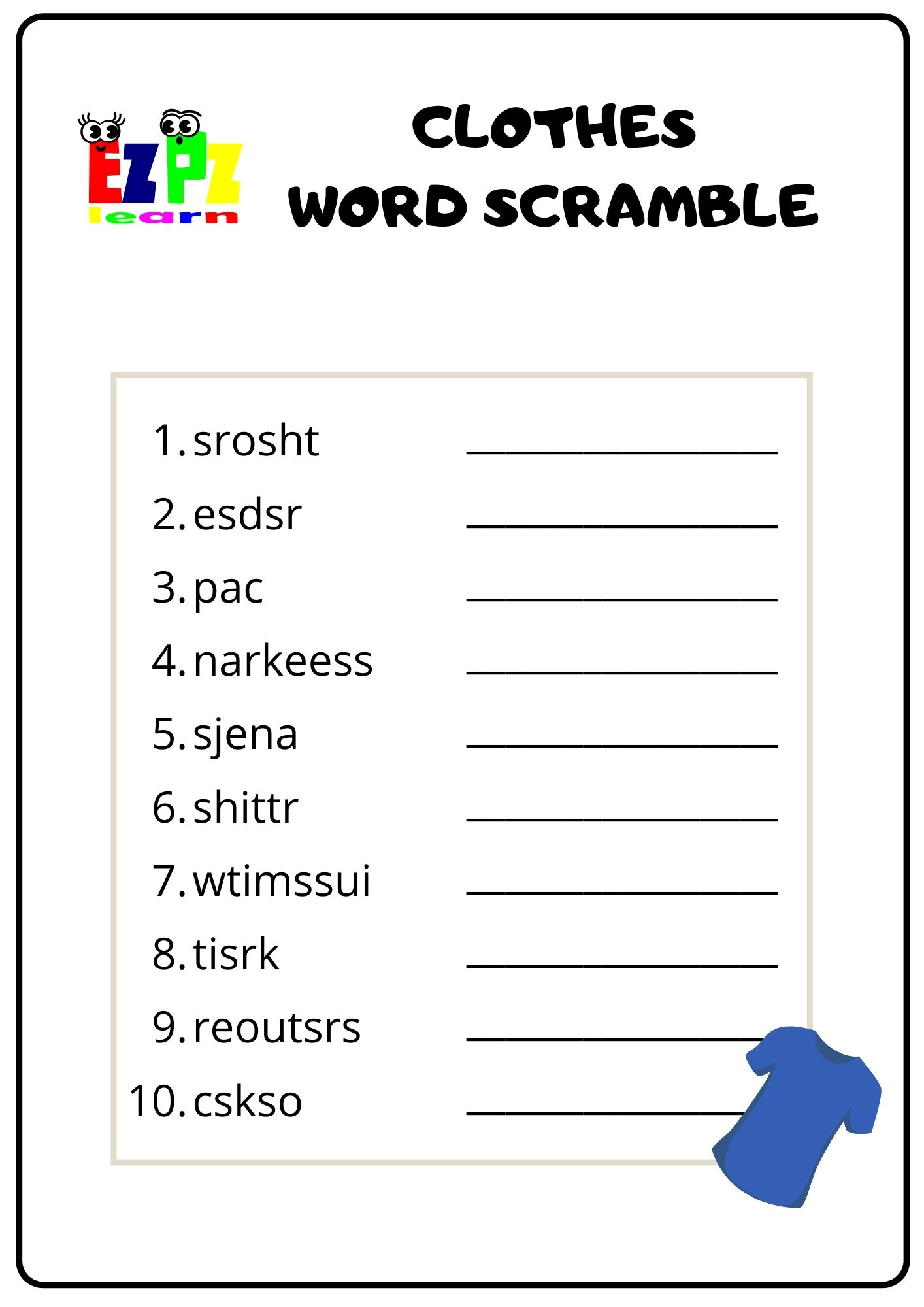 Clothes Word Scramble - Ezpzlearn.com