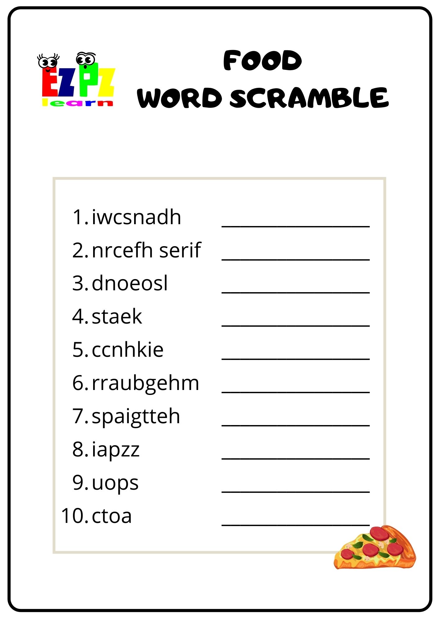 Food Word Scramble - Ezpzlearn.com