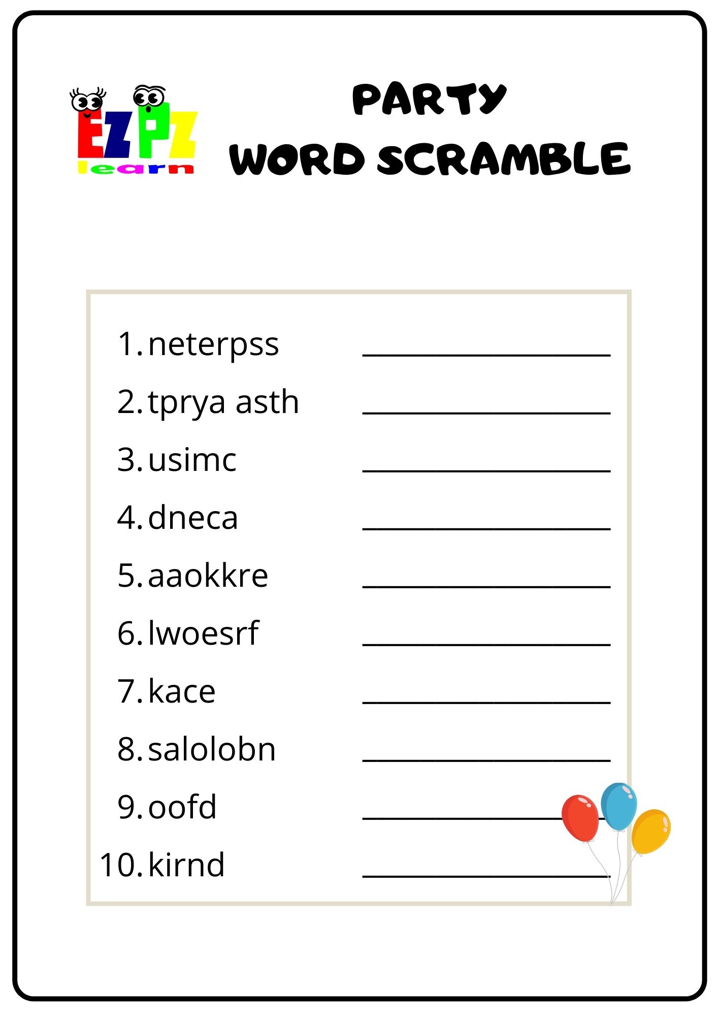 Party Word Scramble - Ezpzlearn.com