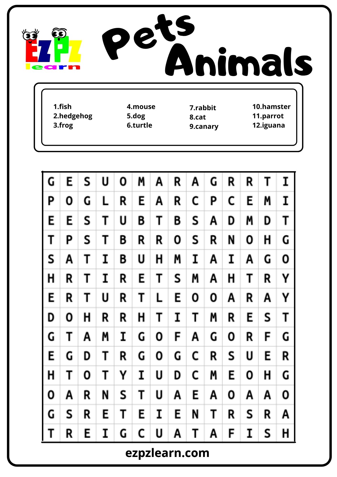 Pets Word Search - Ezpzlearn.com