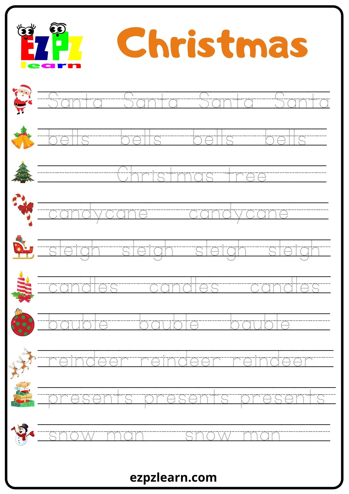 Christmas Word Tracing Worksheet - Ezpzlearn.com