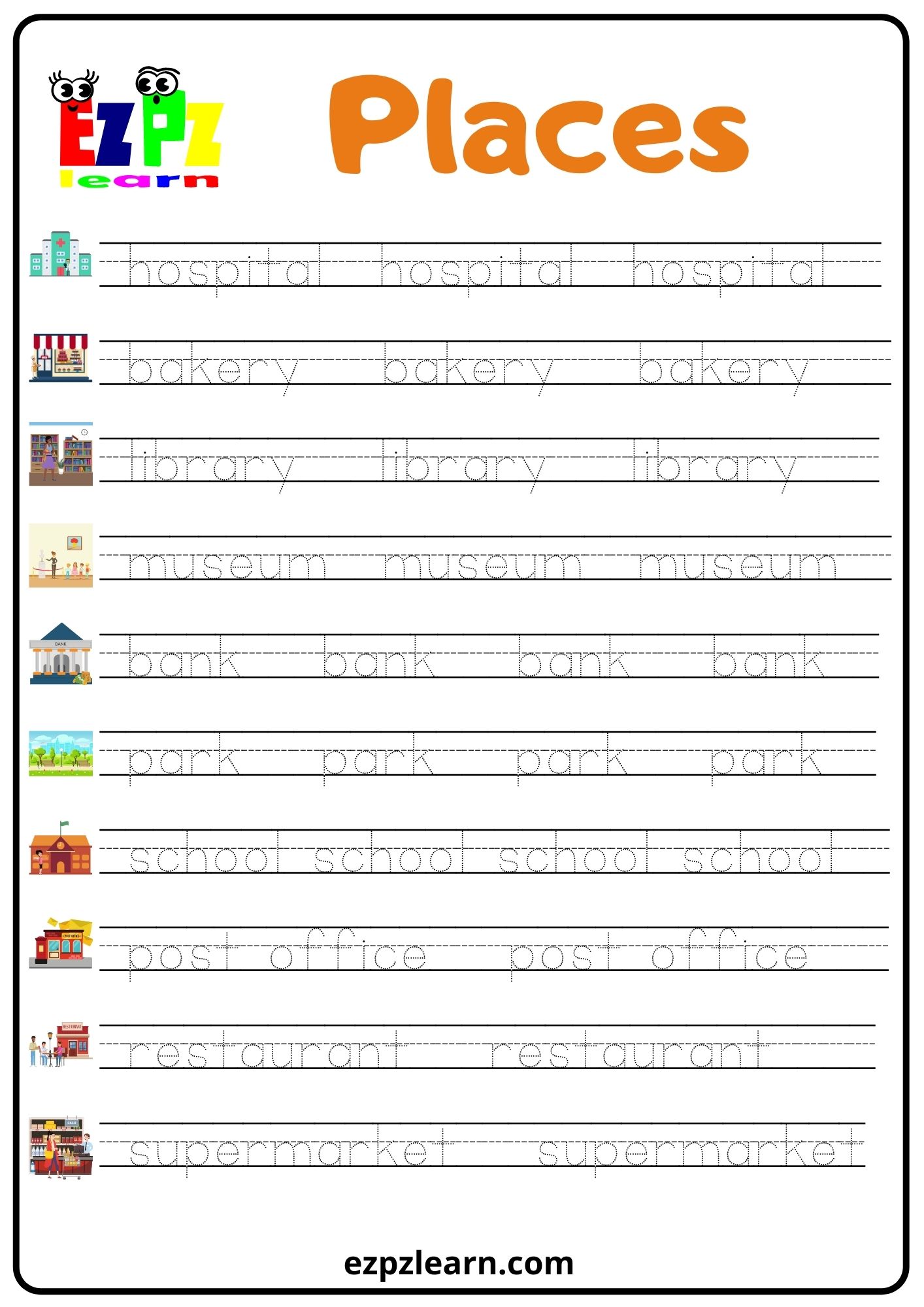 Places 1 Word Tracing Worksheet - Ezpzlearn.com