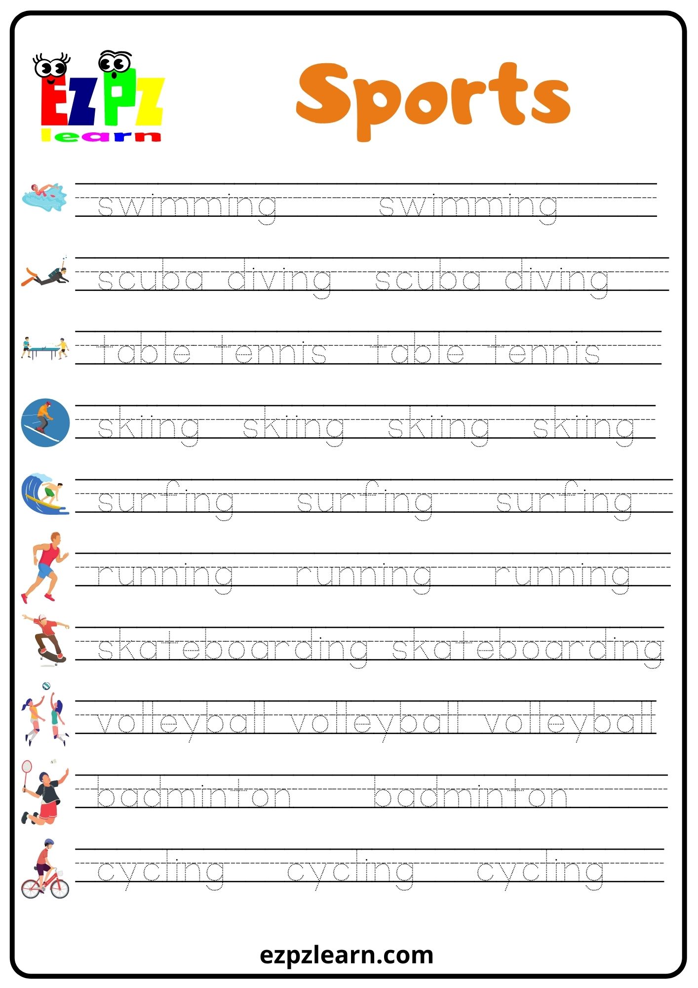 Sports Set1 Word Tracing Worksheet - Ezpzlearn.com