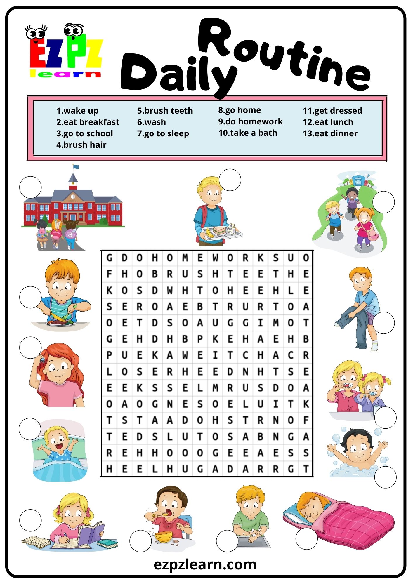 Daily Routine Word Search 2 - Ezpzlearn.com