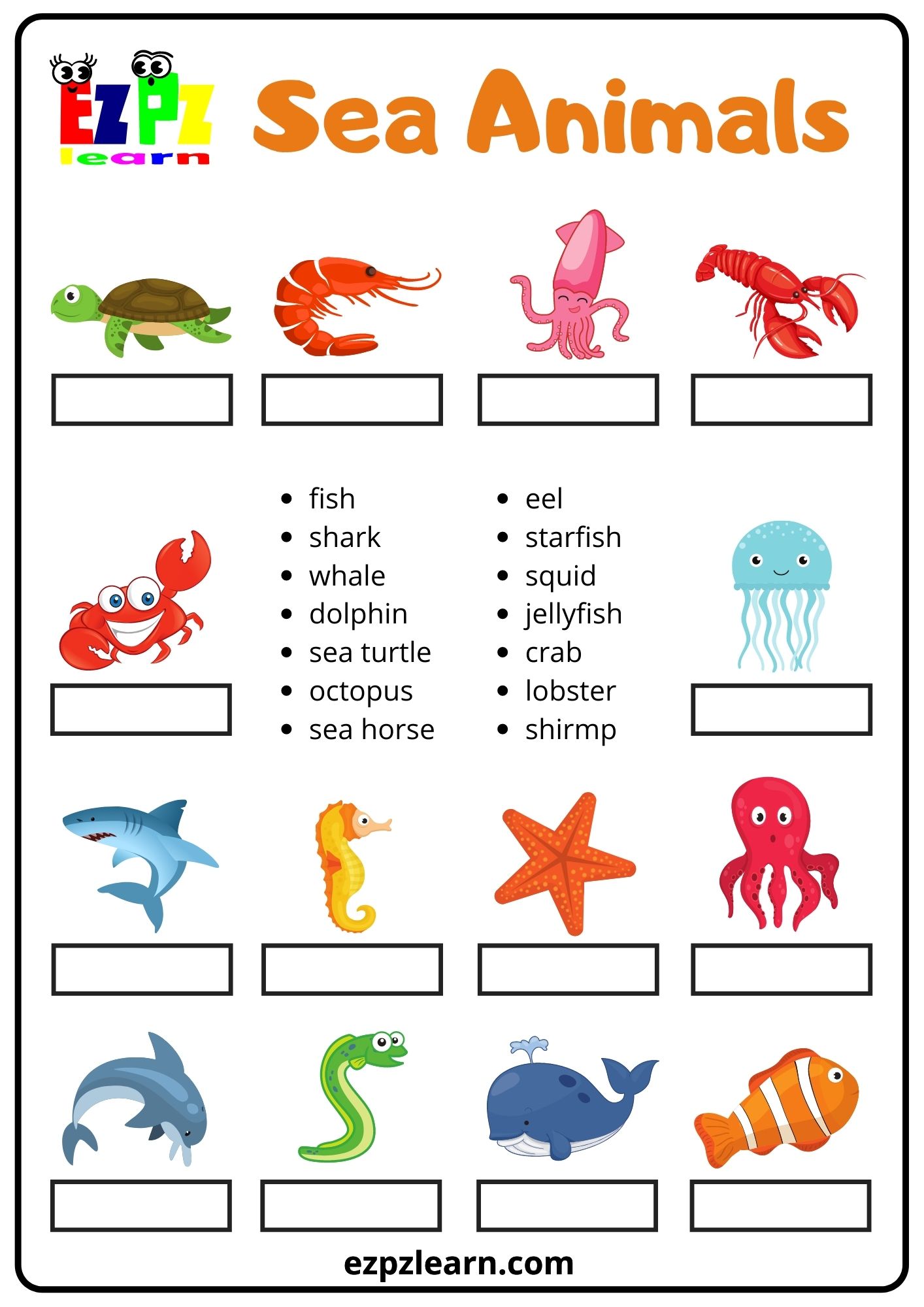 Sea Animals Word Match - Ezpzlearn.com